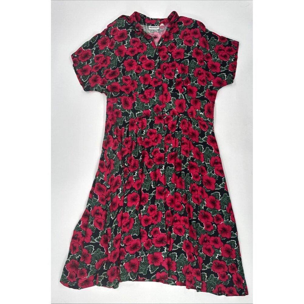 Vintage 80s Caroline Wells Dress 24W Long Red Floral Pleated Button Victorian